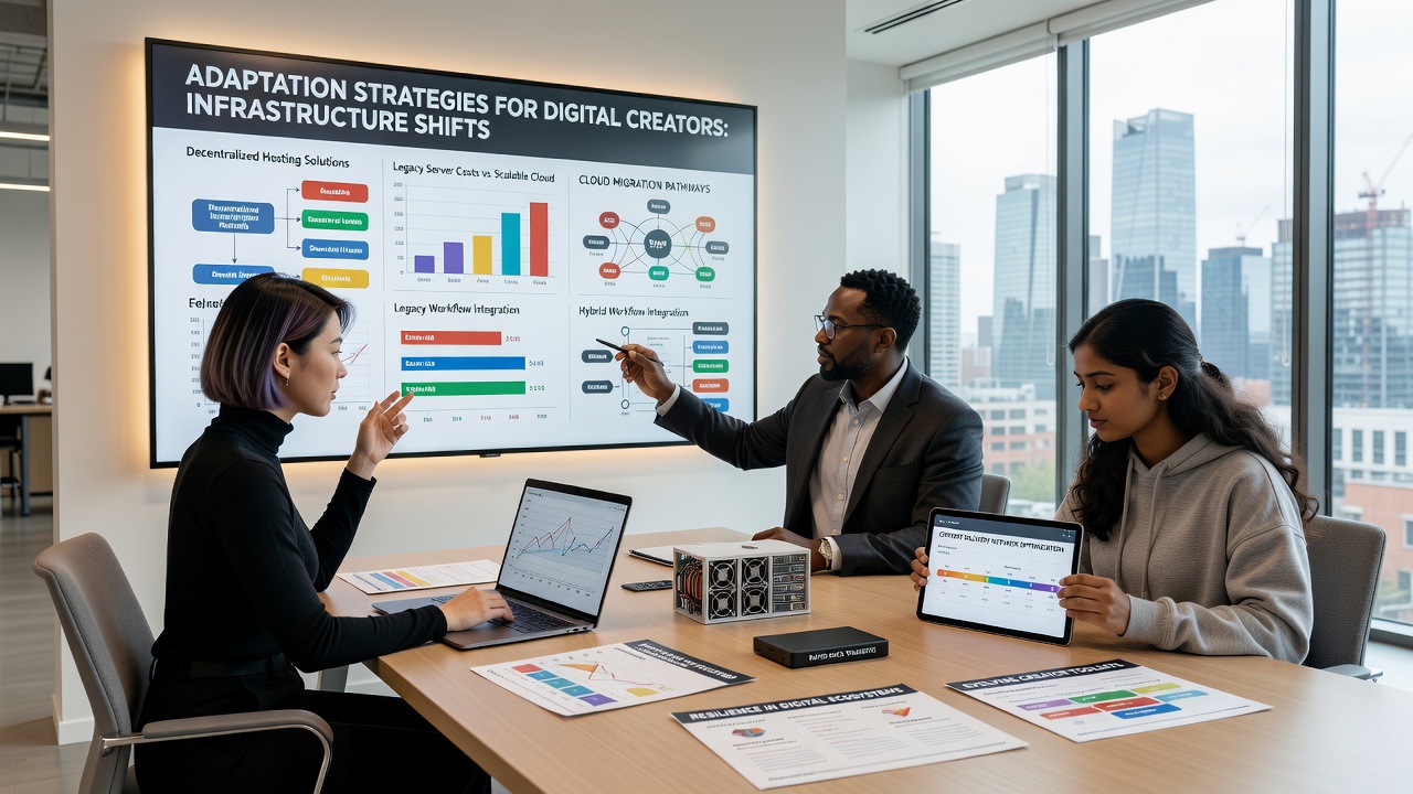 Team of digital creators collaborating on strategy documents and testing new content management tools after an infrastructure update